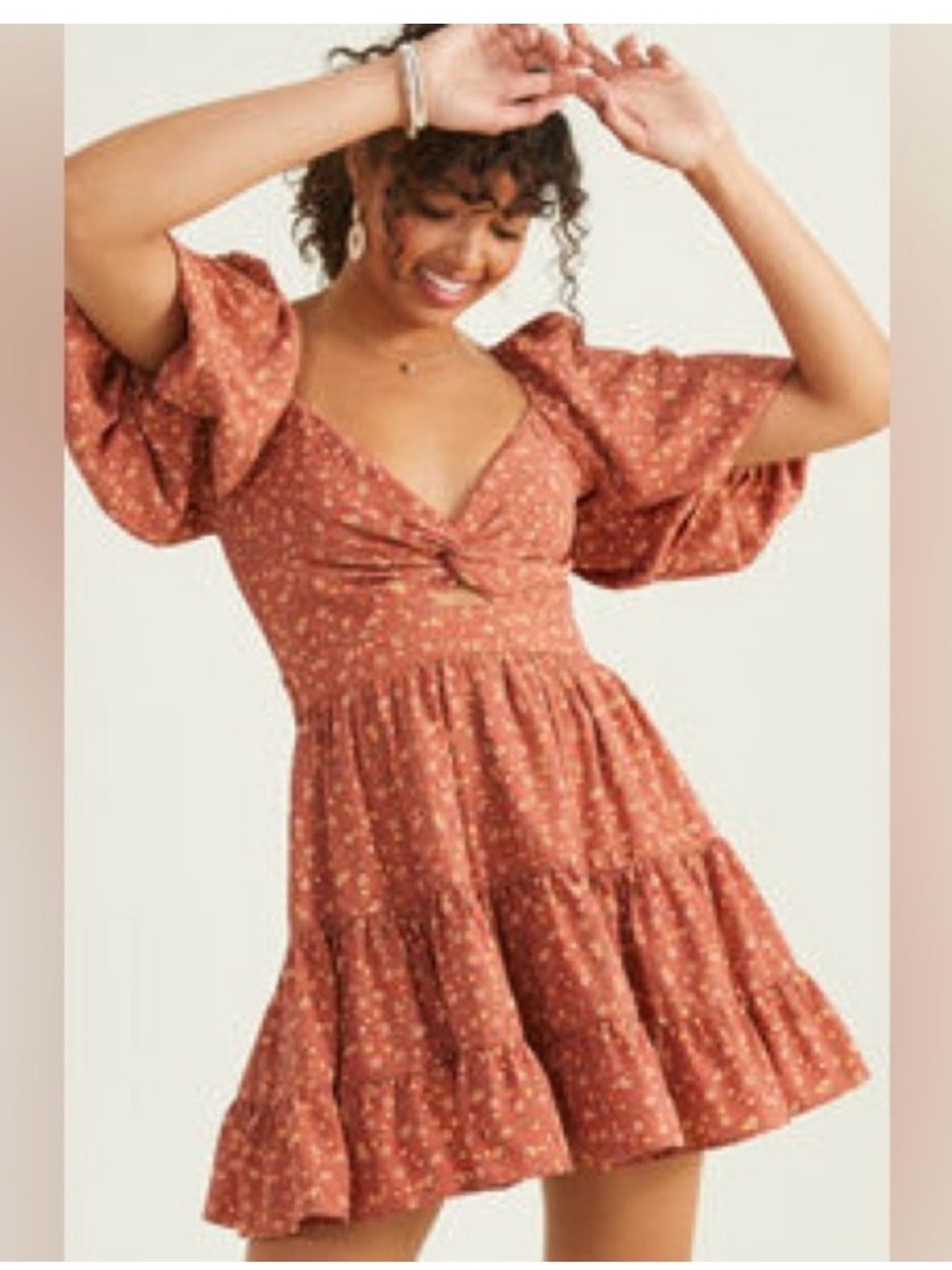 Altar'd State Rust Floral Knot-Front Puff Sleeve Mini sz xs